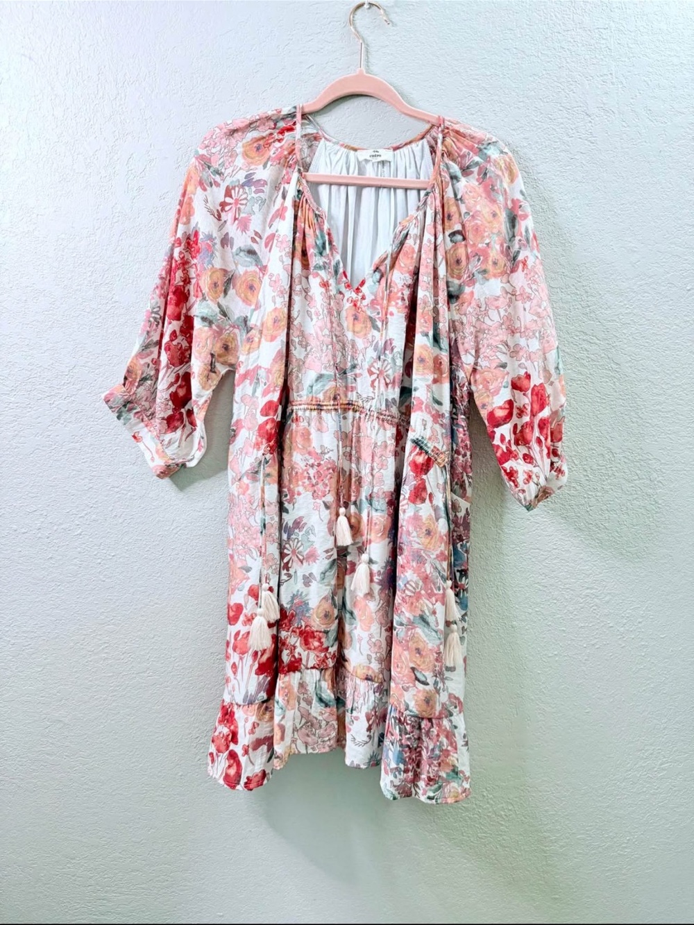 entro Floral Puff-Sleeve Mini Dress in Pink and Cream